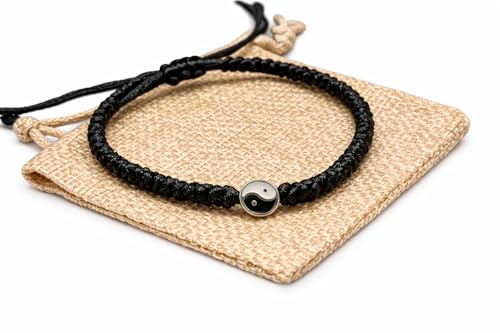 Black Handwoven Taijitu Pendant Adjustable Bracelet - Image 2