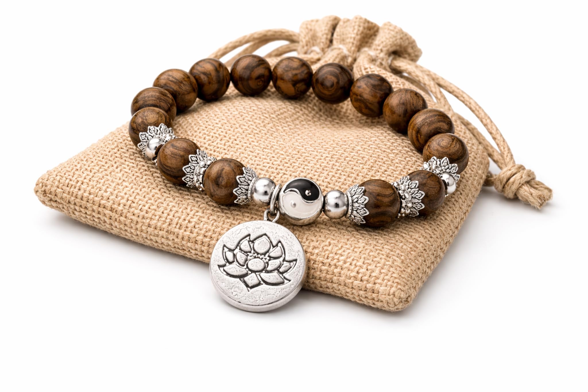 Natural Woodgrain Lotus Pendant Bracelet