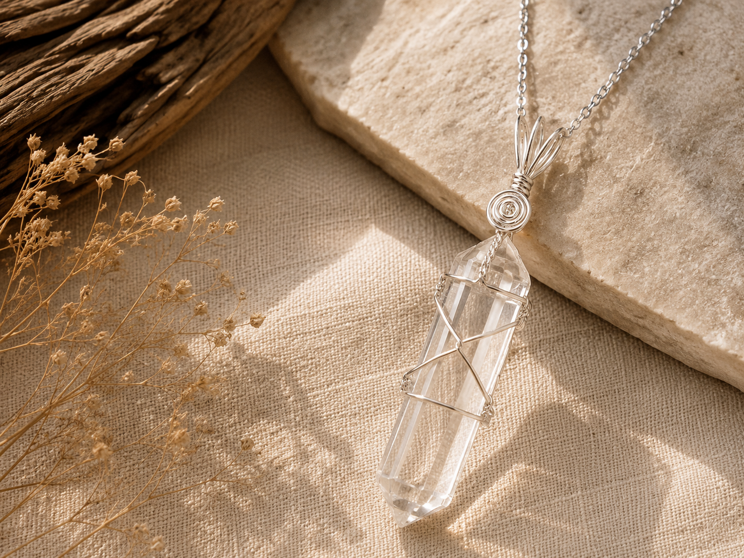 CLEAR QUARTZ Point Wire Wrapped Pendant Necklace