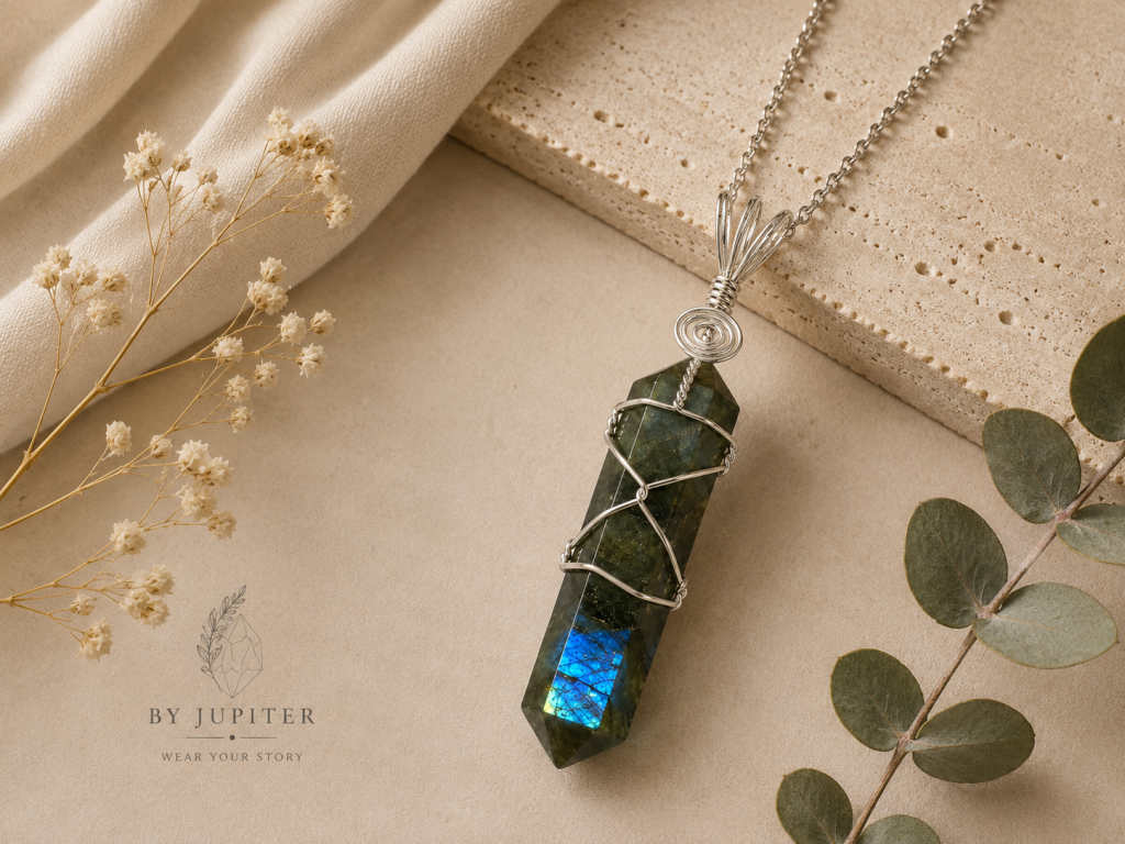 LABRADORITE Point Wire Wrapped Pendant Necklace