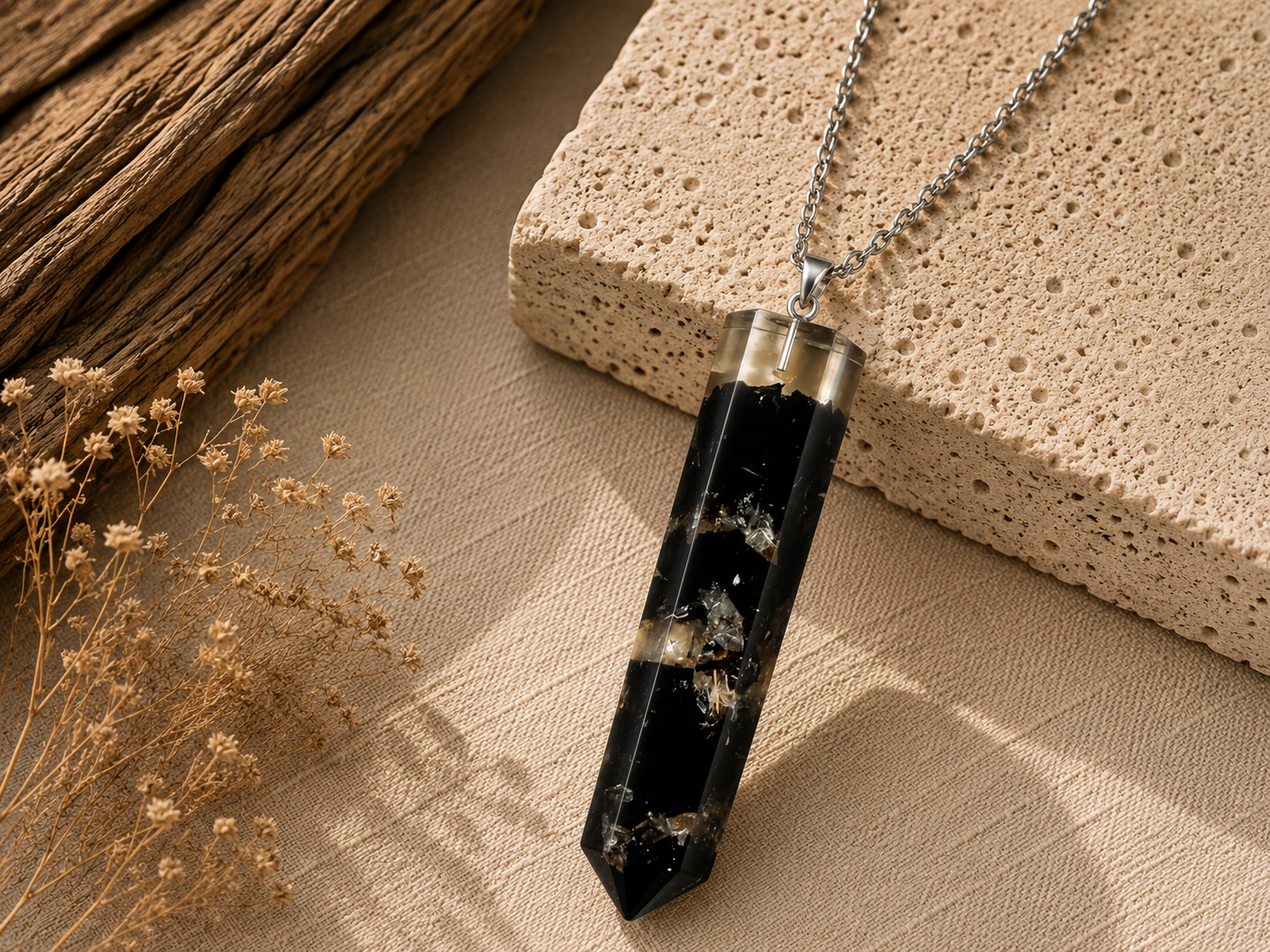 Tourmaline Quartz Crystal Chip Resin Pendant Necklace