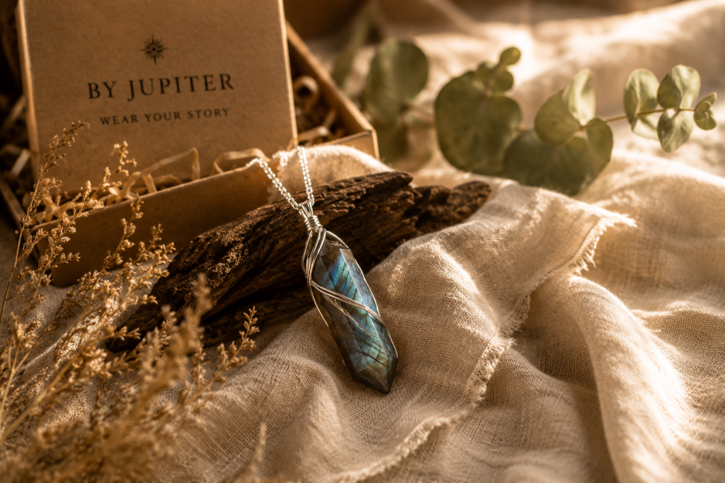 Labradorite crystal pendant with By Jupiter packaging